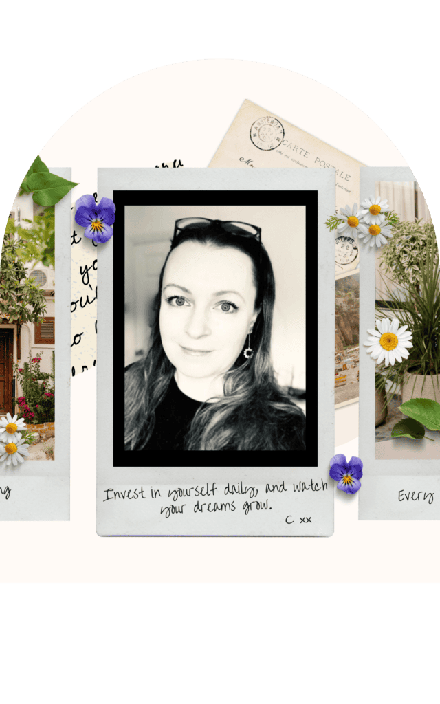 Profile picture of Caroline, founder of Print and Hustle, featured in the 'About Me' section of the website. The image is styled like a polaroid with floral decorations and the handwritten message, "Invest in yourself daily, and watch your dreams grow.