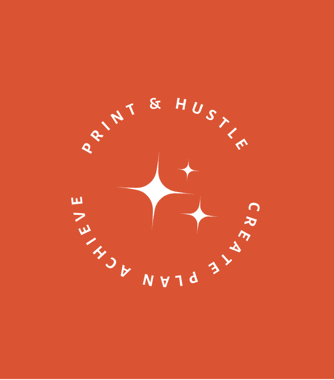 Branding image for Print & Hustle website featuring the main logo, a sub-logo, and the brand's color palette. The main logo is a simple, elegant text reading 'PRINT & HUSTLE' with star symbols on either side. The sub-logo is circular with the words 'PRINT & HUSTLE' and 'CREATE PLAN ACHIEVE' surrounding a central star design. The color palette includes a variety of warm and soft tones such as black, orange, beige, pink, and lavender. The image also showcases floral patterns and a business card mockup displaying the logo.