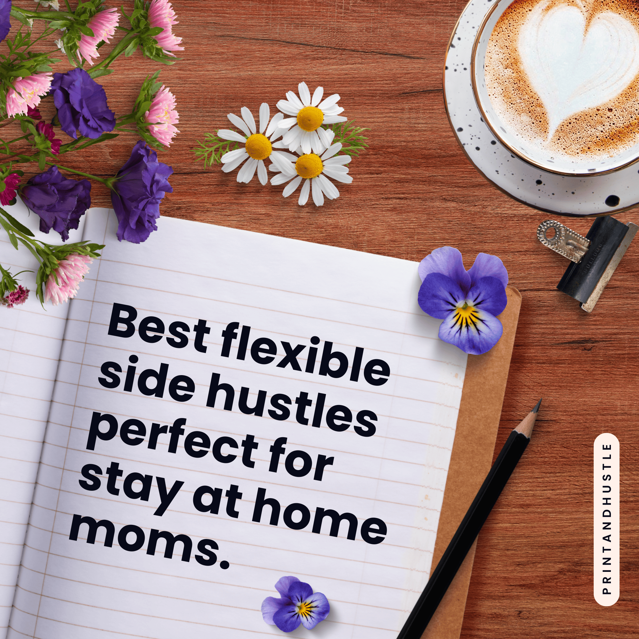 Main image for a blog post on printandhustle.com titled "Best flexible side hustles for stay-at-home moms," featuring the title on a notebook with flowers, a pencil, and coffee