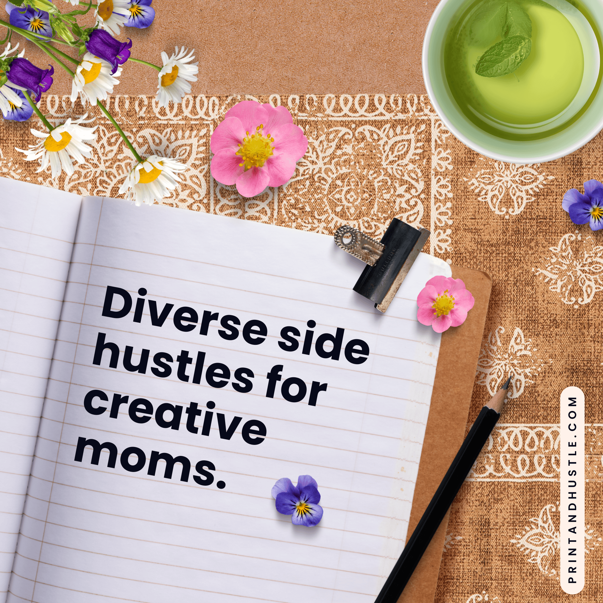 Main image for a blog post on printandhustle.com titled "Turn Your Creative Passion into Profit: Diverse Side Hustles for Creative Moms," featuring the title on a notebook with flowers, a pencil, and a cup of tea.