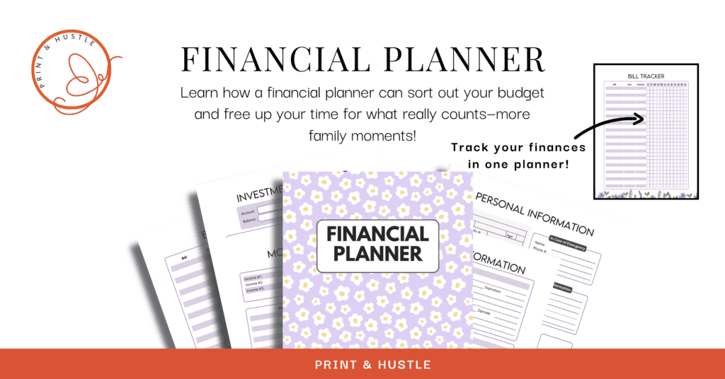 Image displaying the cover and inner pages of a floral-themed financial planner, highlighting how it helps moms manage budgets and track finances to stay organized and focus on family moments.