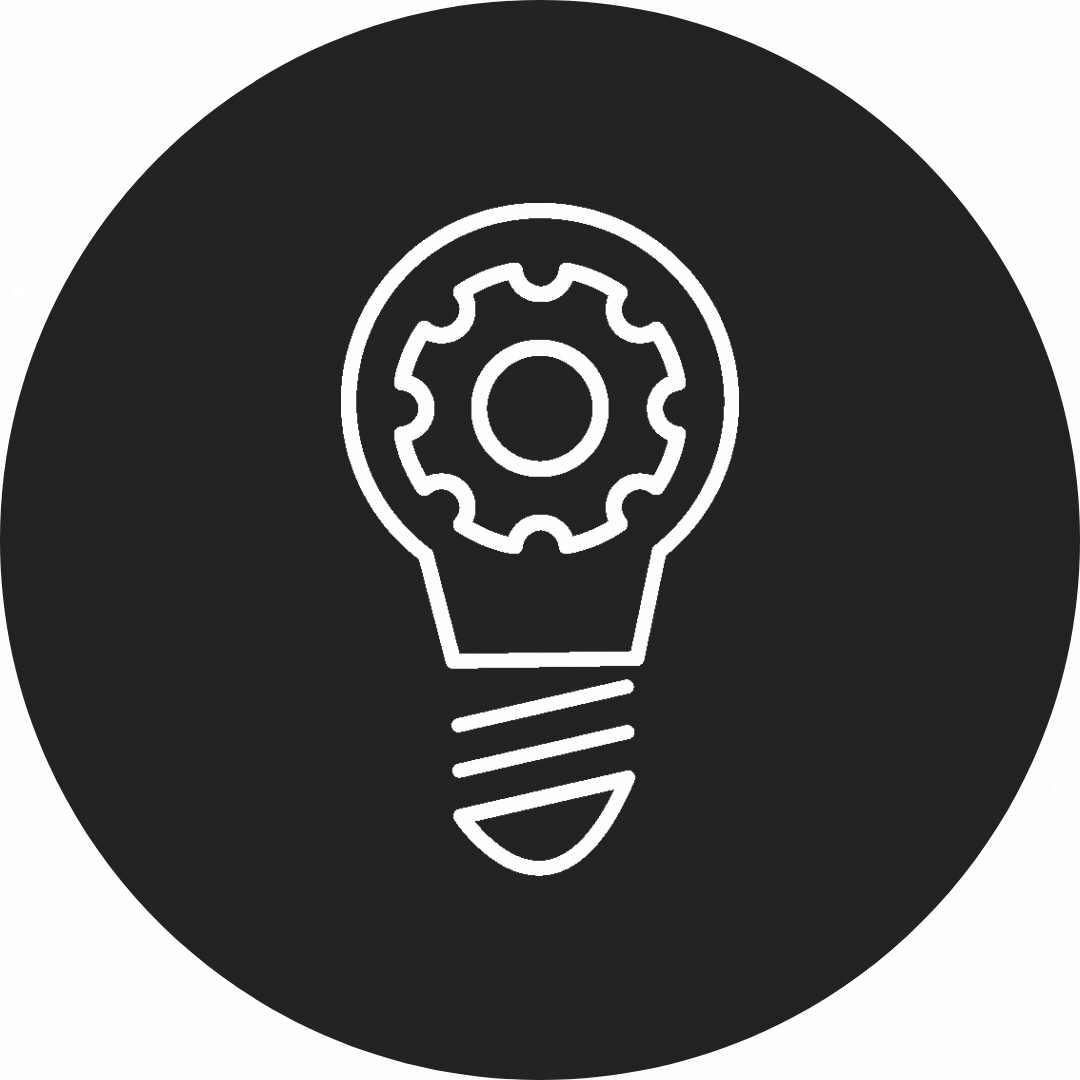 White lightbulb icon with a turning cog in the center, symbolizing innovative ideas and productivity solutions, displayed on a black background. Ideal for the FAQ section on the Printables page of Print & Hustle, highlighting topics like printables for moms, family printables, and organizing tools for entrepreneurs and small businesses. Keywords include home management printables and easy-to-use printable templates for staying organized.
