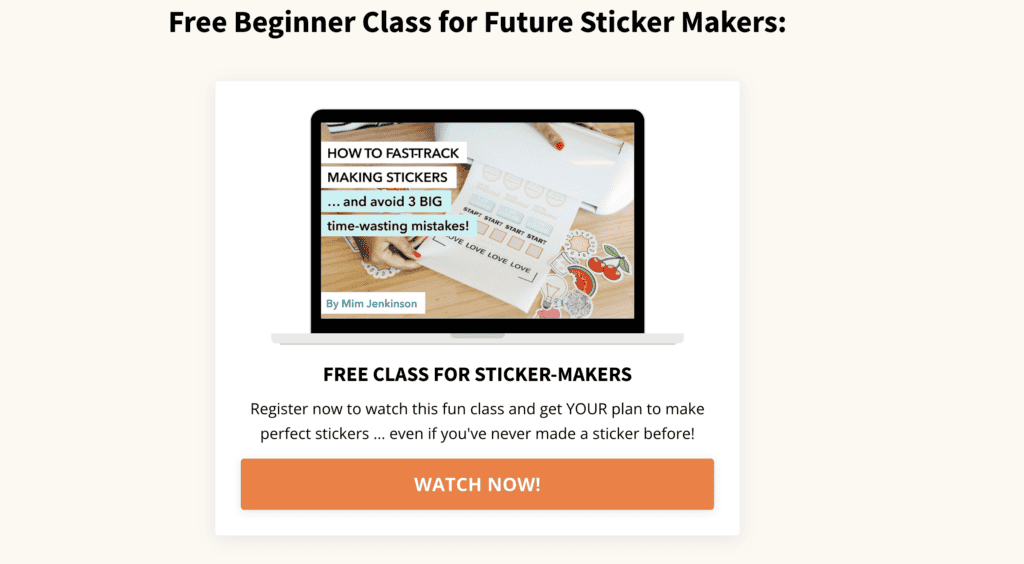 Screenshot of Mim Jenkinson's website offering a free beginner class for making stickers, featured in the blog post "Turn Your Creative Passion into Profit: Diverse Side Hustles for Creative Moms" on printandhustle.com.