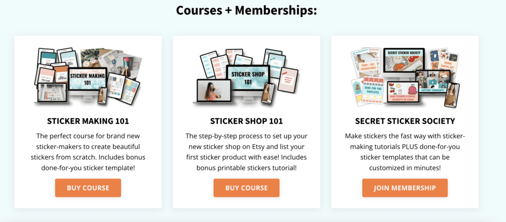 Screenshot of Mim Jenkinson's courses on sticker making and selling on Etsy, featured in the blog post "Turn Your Creative Passion into Profit: Diverse Side Hustles for Creative Moms" on printandhustle.com.