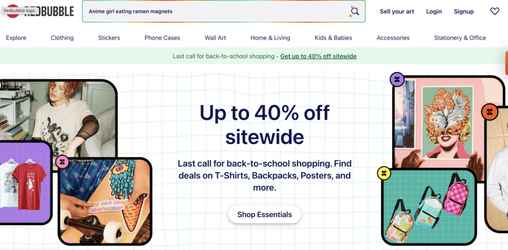 Screenshot of Redbubble homepage featured in the blog post "Turn Your Creative Passion into Profit: Diverse Side Hustles for Creative Moms" on printandhustle.com, highlighting creative opportunities like selling art and designs online.