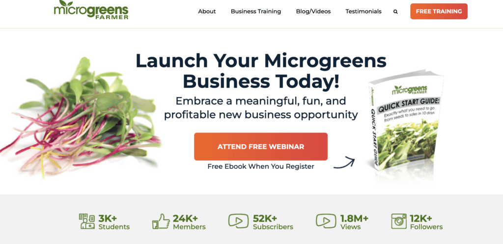  Screenshot of the Microgreens Farmer homepage featured in the blog post "Turn Your Creative Passion into Profit: Diverse Side Hustles for Creative Moms" on printandhustle.com, promoting a free webinar and quick start guide for starting a microgreens business.