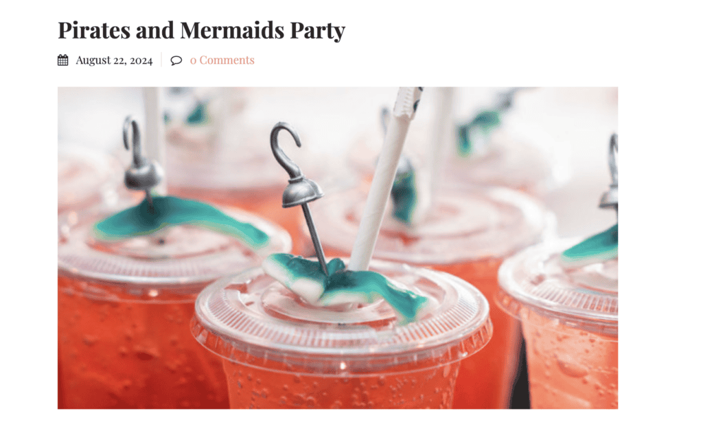 "Screenshot of Kara's Party Ideas website showcasing a 'Pirates and Mermaids Party' with a themed drink featuring a gummy candy shaped like a fish, impaled on a hook-styled straw, from a blog post on Turn Your Creative Passion into Profit: Diverse Side Hustles for Creative Moms at printandhustle.com."