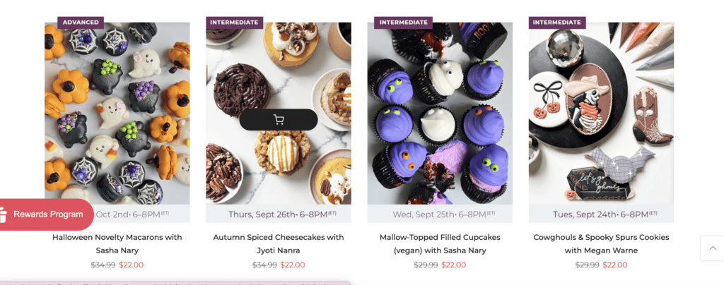 Screenshot of How to Cake It website showcasing upcoming Halloween-themed baking classes, including Halloween Novelty Macarons, Autumn Spiced Cheesecakes, Mallow-Topped Filled Cupcakes, and Cowghouls & Spooky Spurs Cookies, featured in a blog post on Turn Your Creative Passion into Profit: Diverse Side Hustles for Creative Moms at printandhustle.com
