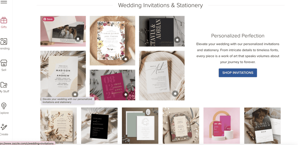 Screenshot of Zazzle's wedding invitations and stationery page, featuring a variety of personalized designs, highlighted in a blog post on Turn Your Creative Passion into Profit: Diverse Side Hustles for Creative Moms at printandhustle.com.