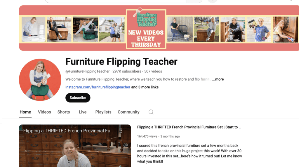 Screenshot of the Furniture Flipping Teacher YouTube channel page, featured in a blog post on Turn Your Creative Passion into Profit: Diverse Side Hustles for Creative Moms on printandhustle.com.