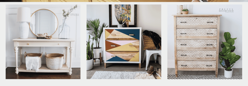 Screenshot of Pretty Distressed website featuring refinished furniture, highlighted in a blog post on Turn Your Creative Passion into Profit: Diverse Side Hustles for Creative Moms on printandhustle.com.