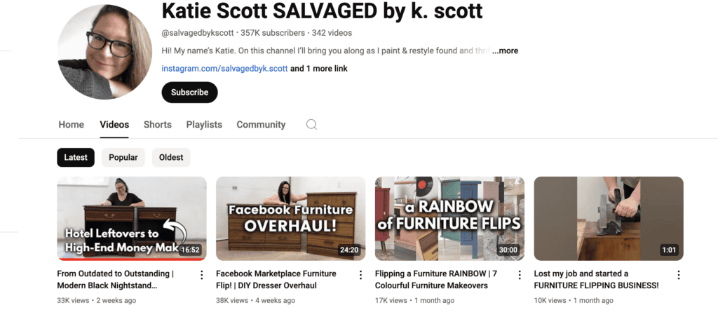 Screenshot of Salvaged by K Scott YouTube channel's videos page, showcasing furniture restoration and upcycling tutorials, featured in the blog post "Turn Your Creative Passion into Profit: Diverse Side Hustles for Creative Moms" on printandhustle.com.

