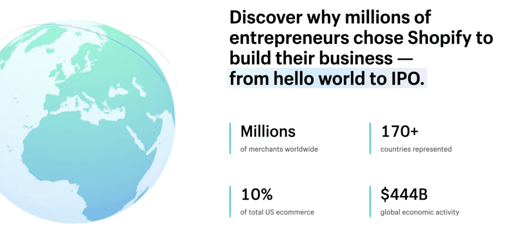 Screenshot of Shopify's homepage highlighting their global reach and economic impact, featured in a blog post on printandhustle.com about the best flexible side hustles perfect for moms.