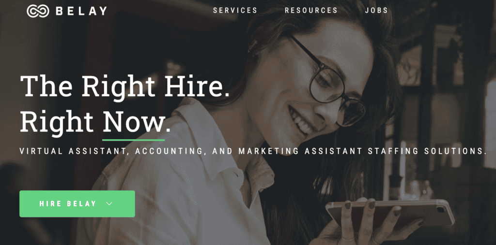 Screenshot of Belay Solutions' homepage highlighting their virtual assistant, accounting, and marketing assistant staffing services, featured in a blog post on printandhustle.com about the best flexible side hustles perfect for moms.