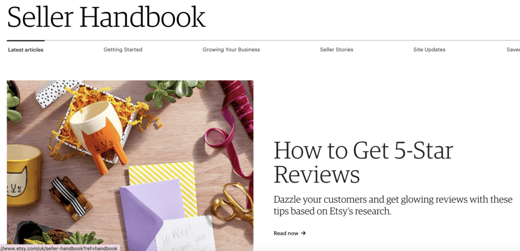 Screenshot of Etsy's Seller Handbook homepage featuring a guide on how to get 5-star reviews, included in a blog post on printandhustle.com about the best flexible side hustles perfect for moms