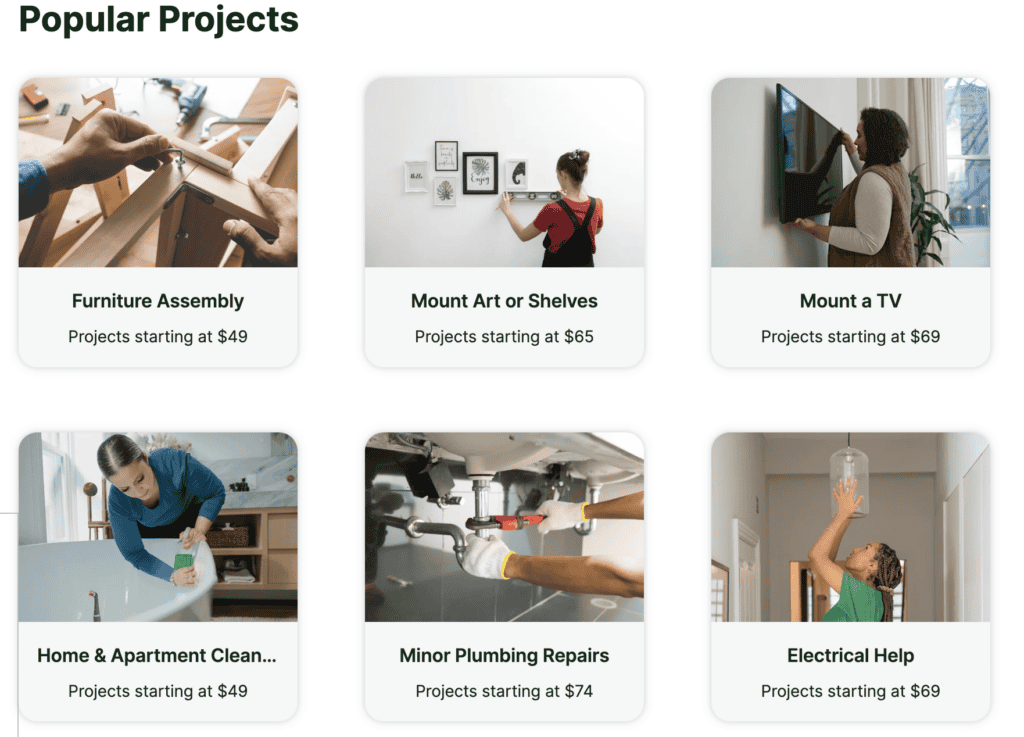 Screenshot of popular project categories on TaskRabbit, featuring services like furniture assembly starting at $49, mounting art or shelves starting at $65, mounting a TV starting at $69, home and apartment cleaning starting at $49, minor plumbing repairs starting at $74, and electrical help starting at $69.