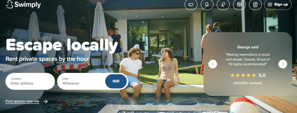 Screenshot of Swimply homepage featuring the tagline 'Escape locally: Rent private spaces by the hour.' The image shows people relaxing by a pool at a private property. A customer review is displayed, highlighting a 5-star rating with over 100,000 reviews. The site encourages users to find spaces near them by entering their location and preferred date.