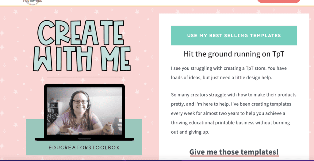 Screenshot from a pillar blog post on 'Teach, Inspire, Earn: The Best Side Hustles for Moms Who Share Their Skills' on printandhustle.com. The image is from Beth Ann Averill's website, featuring a section titled 'Create with Me.' It shows Beth Ann Averill on a laptop screen with the text 'Hit the ground running on TpT,' offering help with designing products for Teachers Pay Teachers.