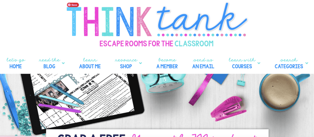 Screenshot from a pillar blog post on 'Teach, Inspire, Earn: The Best Side Hustles for Moms Who Share Their Skills' on printandhustle.com. The image is from Think Tank Teacher's website, showcasing their header with the colorful 'THINK tank' logo and the tagline 'Escape Rooms for the Classroom.