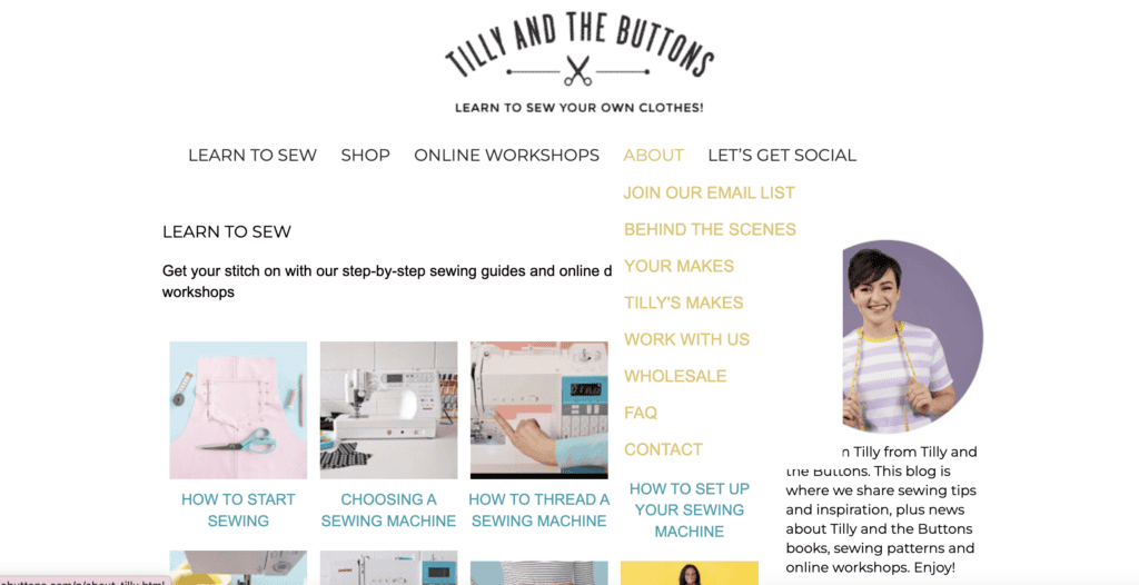 Screenshot from a pillar blog post on 'Teach, Inspire, Earn: The Best Side Hustles for Moms Who Share Their Skills' on printandhustle.com. The image is from Tilly and the Buttons' website, featuring their logo, navigation menu, and an introduction to sewing guides and online workshops. A photo of Tilly, the founder, is also shown on the right side.