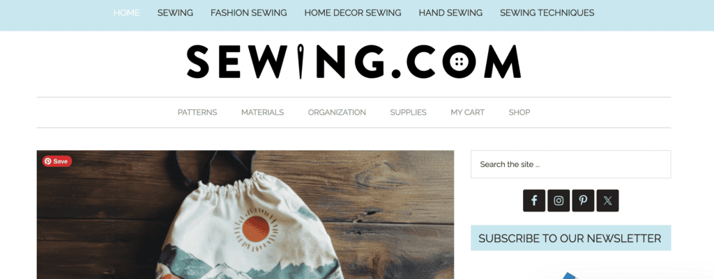 Screenshot from Sewing.com featured in a pillar blog post on 'Teach, Inspire, Earn: The Best Side Hustles for Moms Who Share Their Skills' on printandhustle.com. The image shows the Sewing.com logo, navigation menu, and a sewing project displayed below with a 'Subscribe to Our Newsletter' call-to-action on the right.