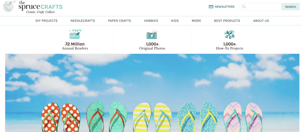 Screenshot from The Spruce Crafts website, featured in a pillar blog post on 'Teach, Inspire, Earn: The Best Side Hustles for Moms Who Share Their Skills' on printandhustle.com. The image highlights the website's branding with a banner showing flip-flops against a beach background, and mentions key stats such as '72 Million Annual Readers,' '1,000+ Original Photos,' and '1,000+ How-To Projects.