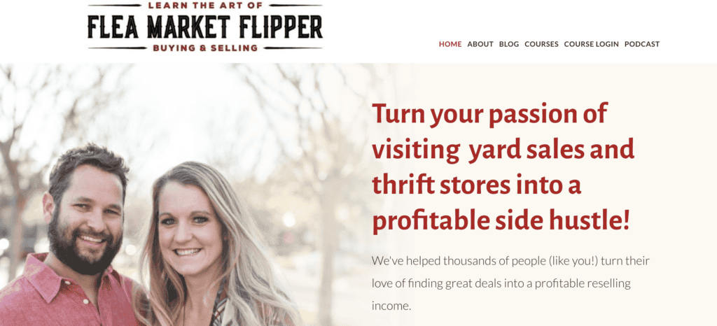 Screenshot of the Flea Market Flipper website homepage featuring a banner that reads 'Turn your passion of visiting yard sales and thrift stores into a profitable side hustle!' alongside an image of a smiling couple, with the website's navigation links at the top.