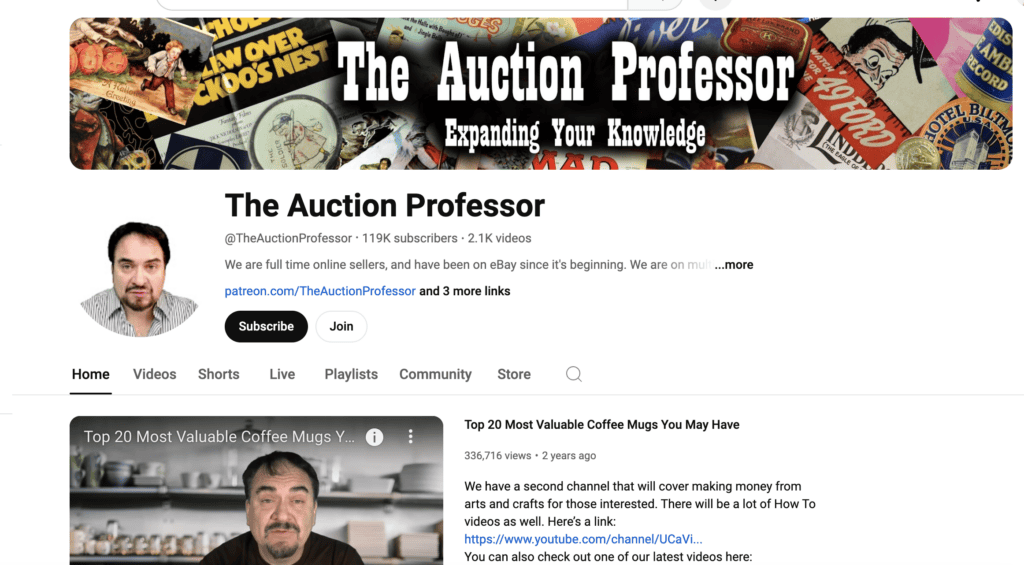 Screenshot of The Auction Professor's YouTube channel, showing the channel's banner with vintage collectibles and the channel's name 'The Auction Professor' in bold text. Below the banner, the profile section lists the channel's subscriber count, videos, and a brief description, along with a featured video titled 'Top 20 Most Valuable Coffee Mugs You May Have.'