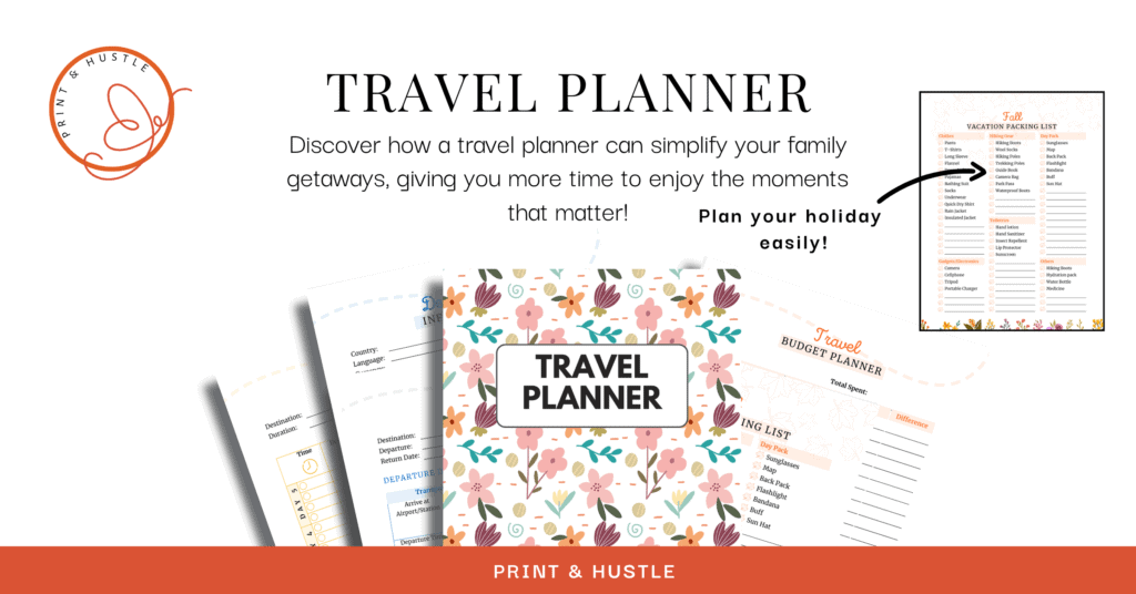 Image showcasing the cover and inner pages of a floral-themed travel planner with the text "Travel Planner" on the cover, highlighting how such a planner can help moms stay organized and simplify family getaways.