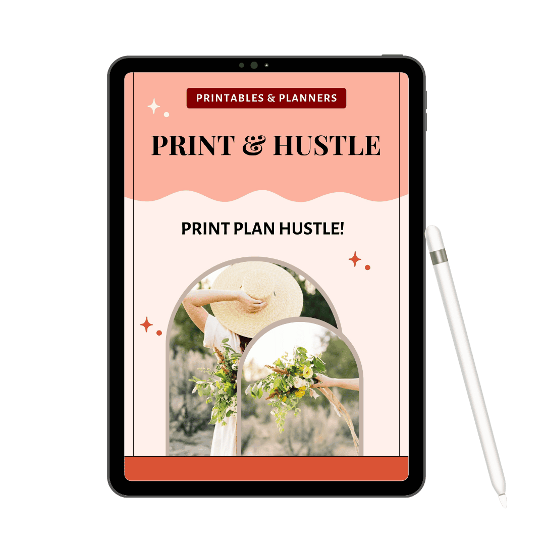 Digital mockup of an iPad displaying a vibrant cover design with the title 'Print & Hustle' and the tagline 'Print Plan Hustle!' featuring images of a woman with a straw hat and a bouquet of flowers. This image promotes a free printable for busy moms to simplify life with tools for home management, business, and family planning.