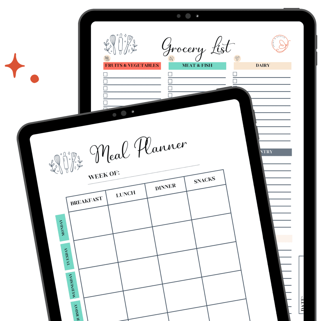 Digital preview of a free meal planner and grocery list printable from Print & Hustle, featuring a clean design with sections for breakfast, lunch, dinner, snacks, and categorized grocery items like fruits, vegetables, and pantry staples. This resource is offered as part of the blog post '5 Simple Meal Planning Tips Every Busy Mom Needs' to help streamline weekly planning for busy moms. Ideal for simplifying meals and shopping.