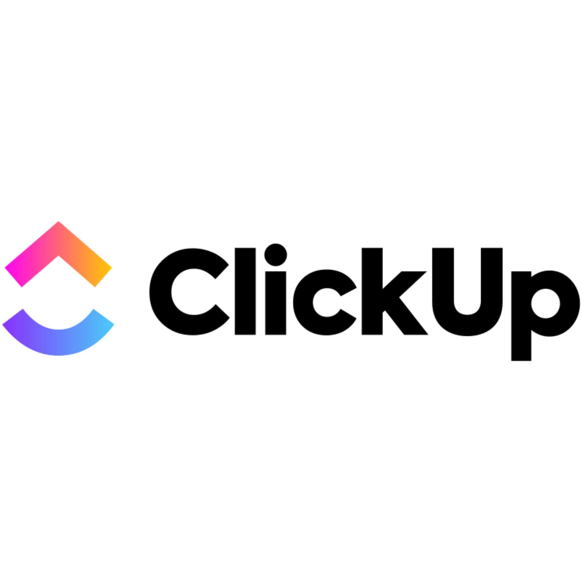 ClickUp logo with a colorful gradient arrow above a curved line and the word “ClickUp” in black text. Represents ClickUp as a digital planner and project management tool for entrepreneurs and teams to organize tasks and boost productivity.