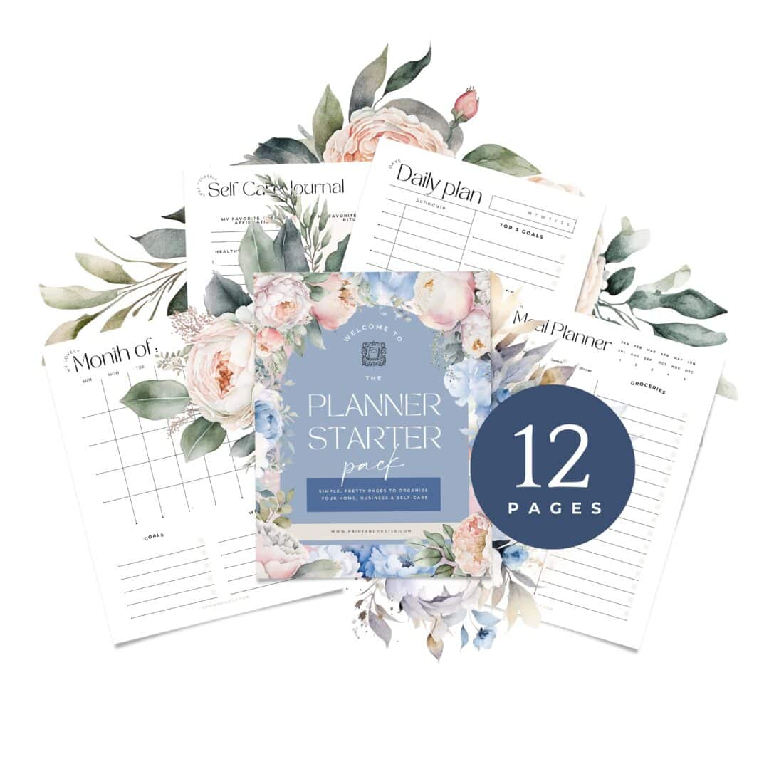 Free printable planner starter pack mockup with 12 organizing pages fanned out behind a floral blue cover. Visible pages include a self-care journal, daily plan, meal planner, and monthly overview. Surrounded by watercolor florals in blush, ivory, and greenery. Designed for moms and entrepreneurs to download and print for home, business, and self-care organization.