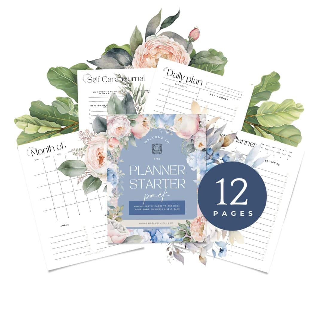 Free 12-page printable planner starter pack mockup with floral blue cover and individual pages arranged behind it. Pages shown include a self-care journal, daily plan, meal planner, and monthly calendar. The layout is surrounded by soft watercolor florals and lush green leaves. Ideal free download for moms and entrepreneurs to plan home life, business, and wellness.
