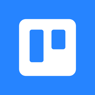 Trello logo with a white rectangle containing two vertical blue bars on a bright blue background. Represents Trello as a digital planner and project management app for organizing tasks and workflows with boards and lists.