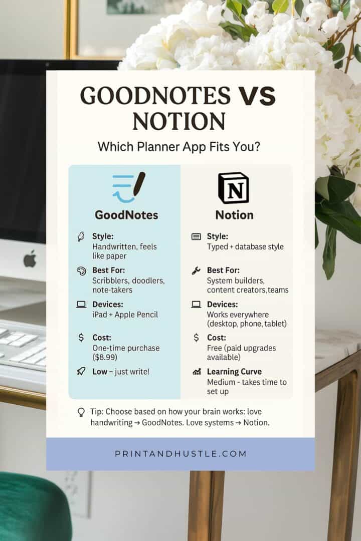 Side-by-side comparison chart of GoodNotes vs Notion planner apps with features and costs.