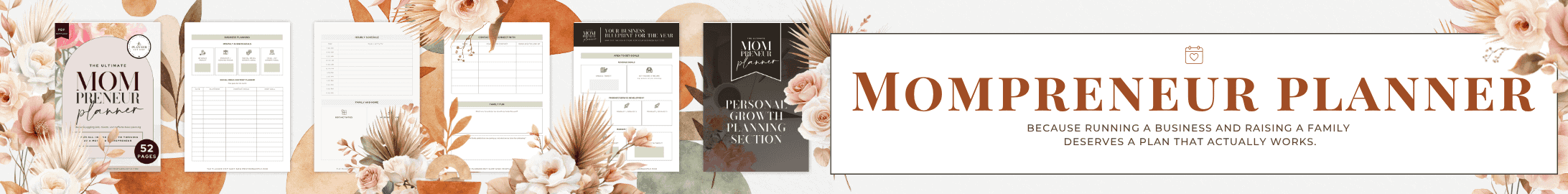 Mompreneur Planner banner with boho design showing printable planner pages to organize business and family life.